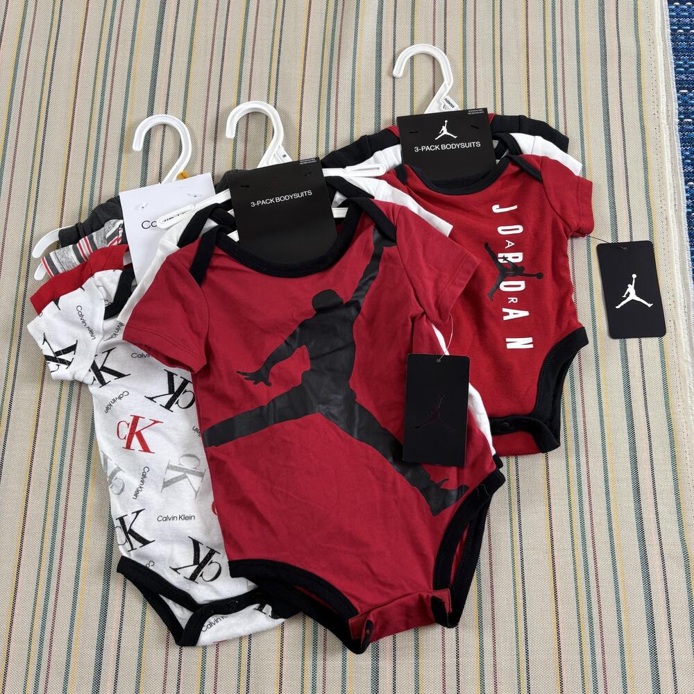 3 LOT Jordan Bodysuits Baby Boys Newborn, 3M, 9M Red 3 Pack Short Sleeve Romper